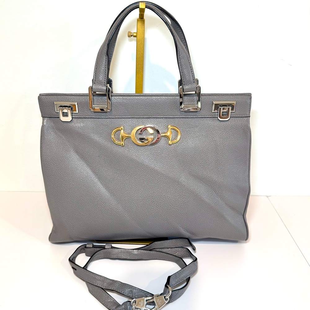Gucci Zumi Medium Top Handle Bag In Grey Leather W Gold & Silver Logo Hardware